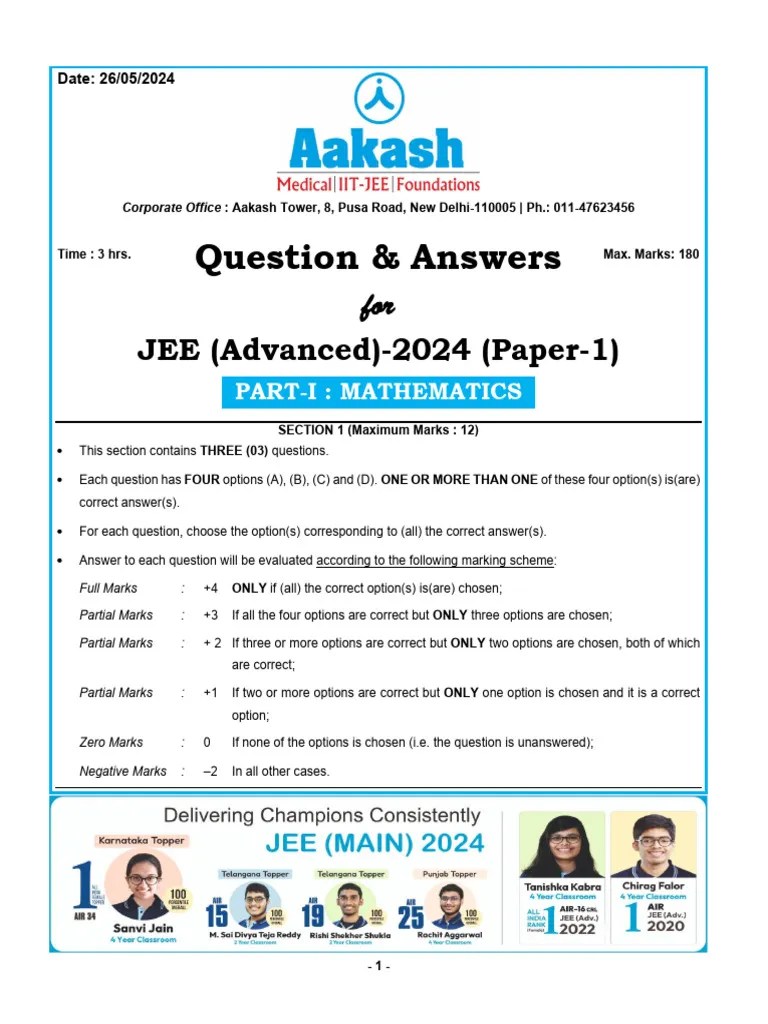 Qs & Ans_JEE (Advanced)-2024_Paper-1 | PDF | Force | Temperature