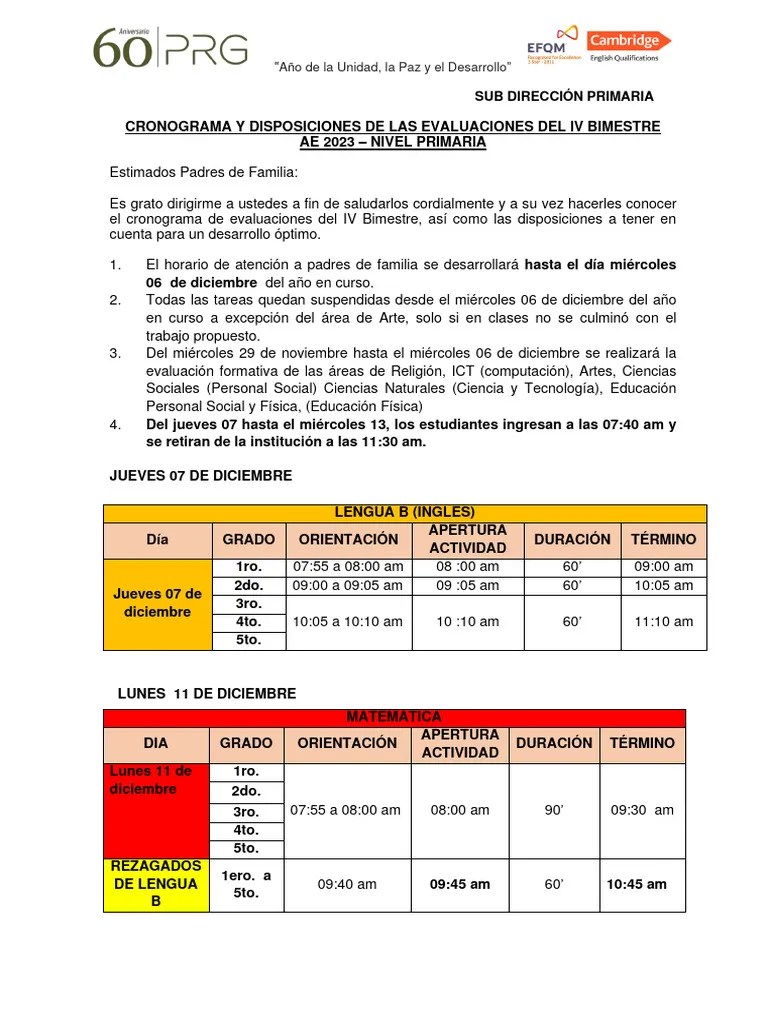 Cronograma Niv. Primaria PPFF Iv Bimestre 2023 | PDF