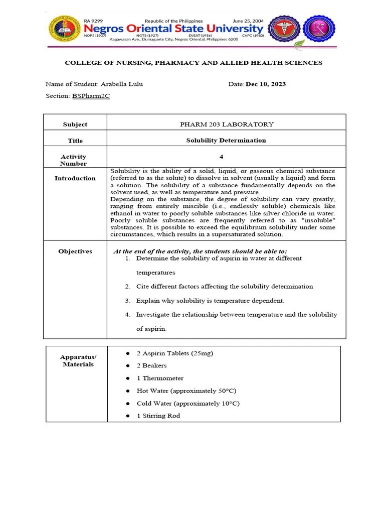 Pharm 203 Solubility Determination Final | PDF | Solubility | Solvation