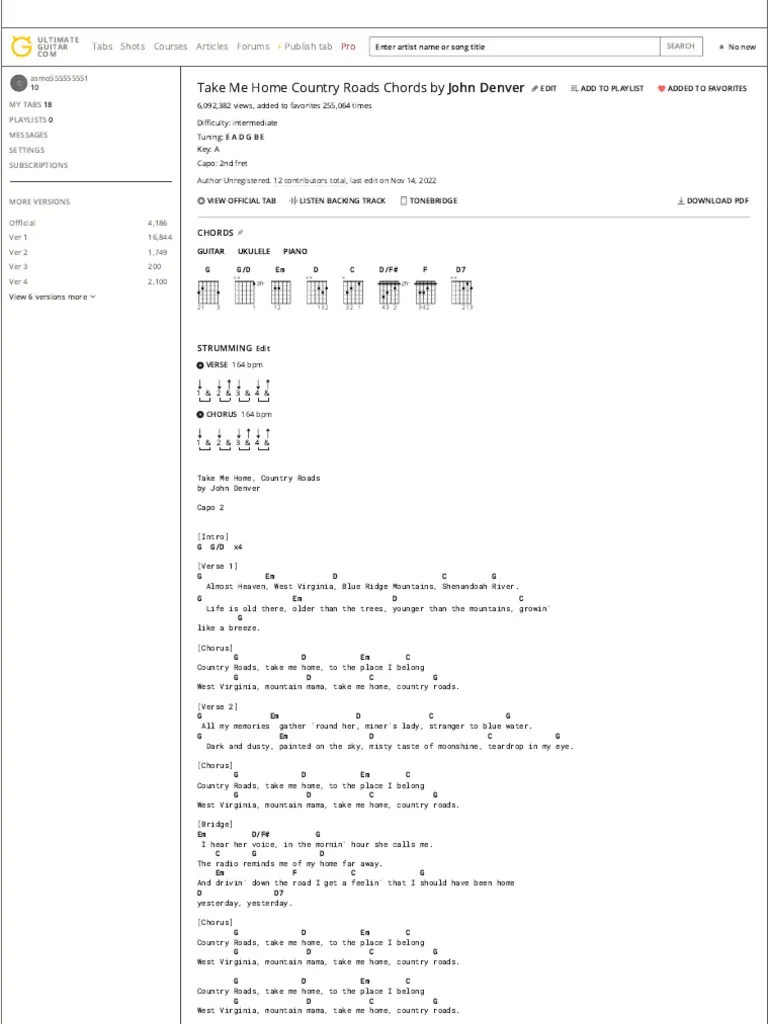 Take Me Home Country Roads Chords By John Denver @ | PDF | Song ...