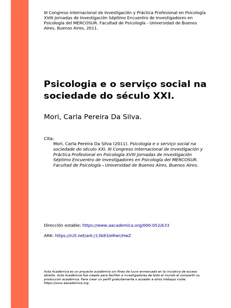 Mori, Carla Pereira Da Silva (2011). Psicologia E O Serviço Social Na ...