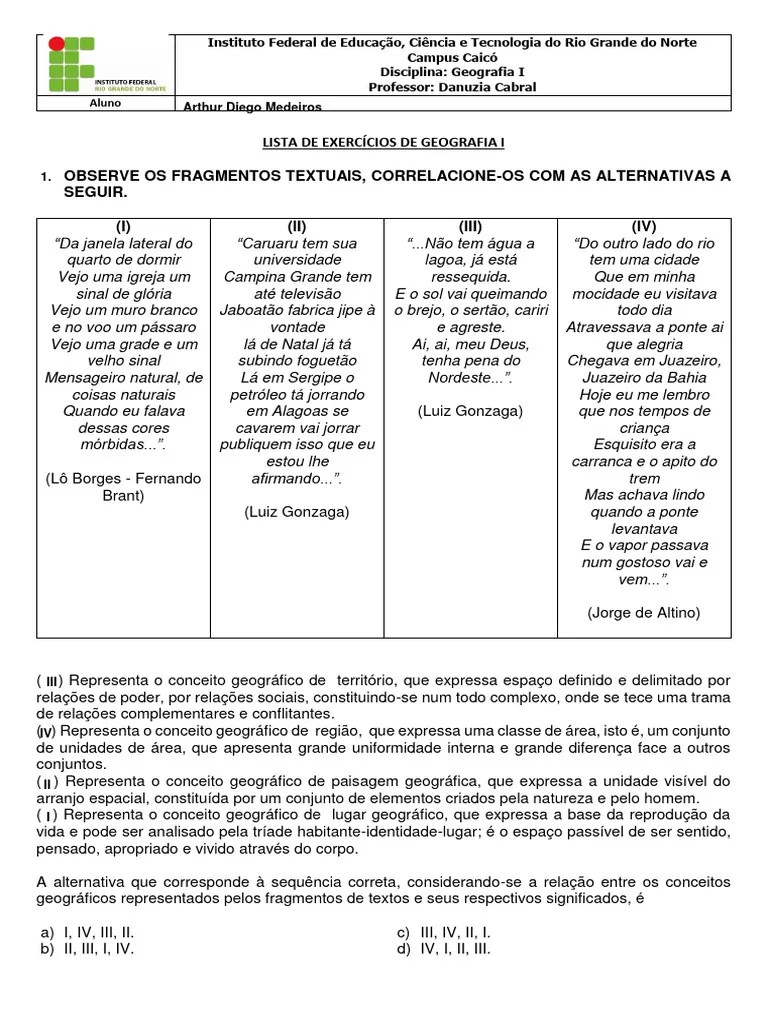 Atividade Sobre Conceitos Geográficos E Coordenadas Geográficas 1º ...