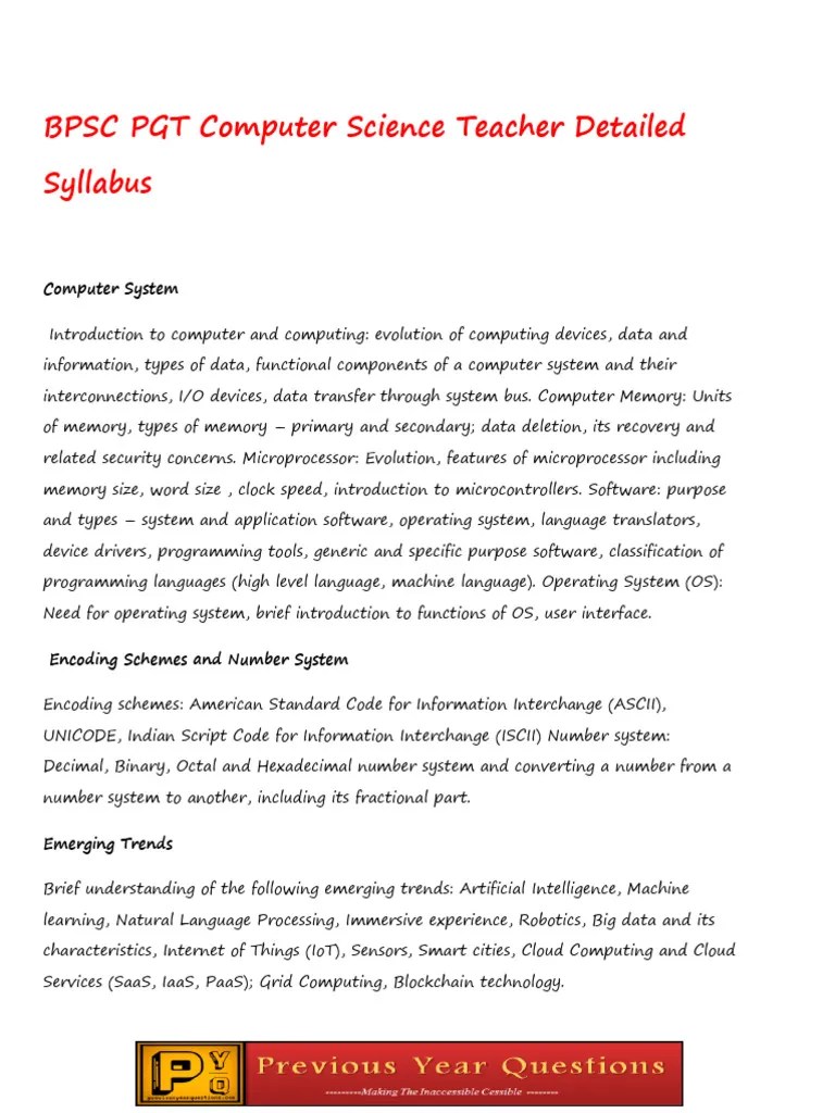 BPSC PGT Computer Science Teacher Detailed Syllabus | PDF | Computer ...