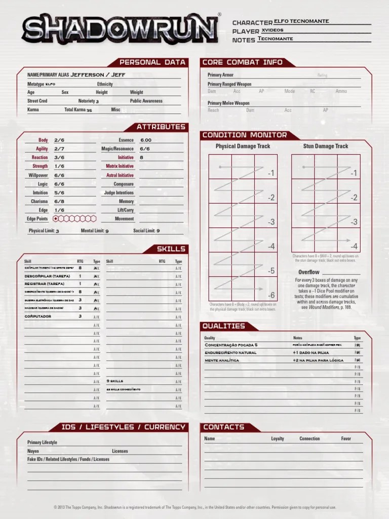 Shadowrun Fillable Sheet | PDF