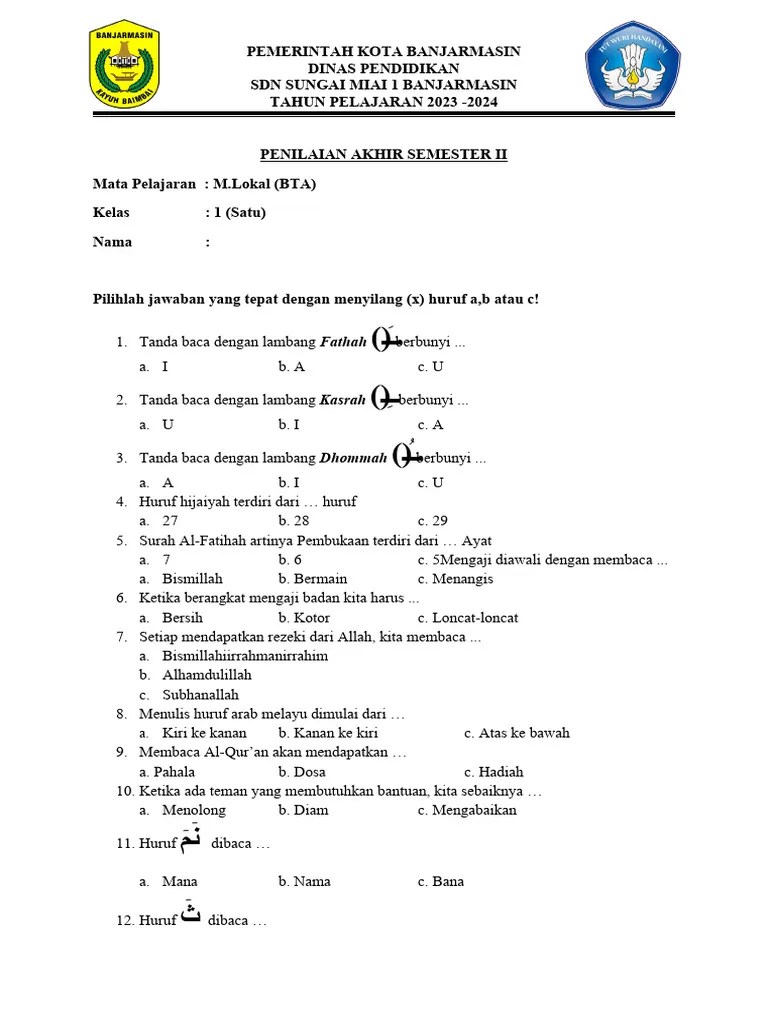 BTA KELAS 1 PAS SEMESTER 2 2022.2023 | PDF