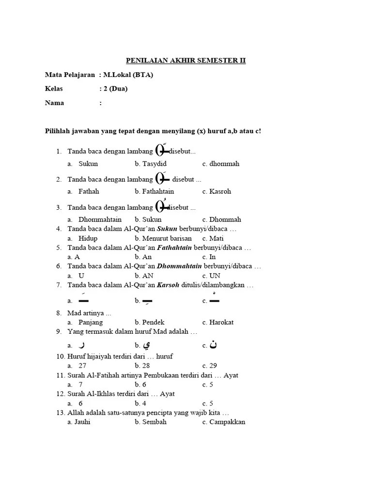 Bta Kelas 2 Pas Semester 2 2022.2023 | PDF