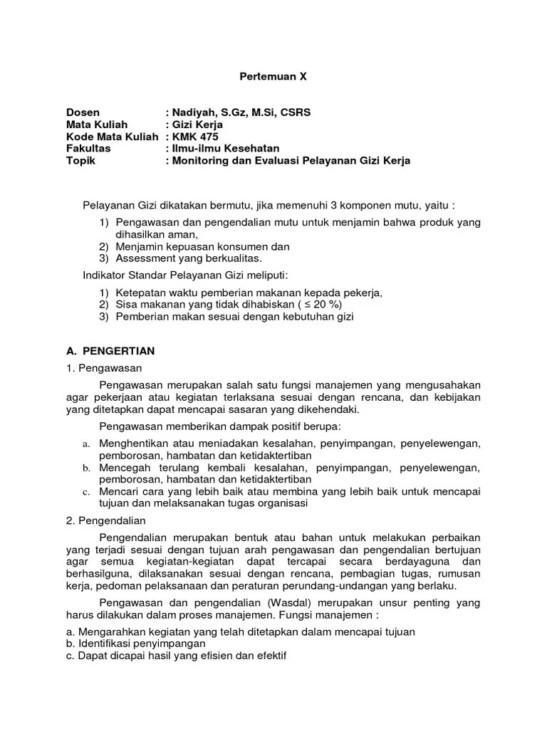 Monitoring Dan Evaluasi Pelayanan Gizi Kerja | PDF