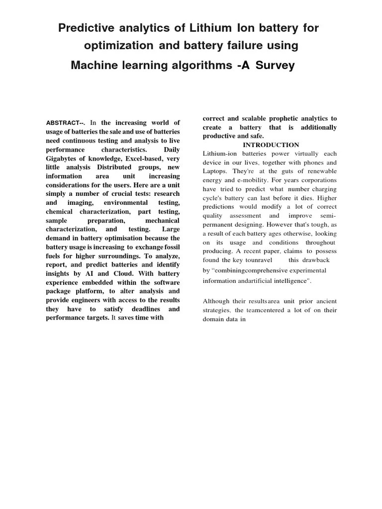 Predictive Analytics Of Lithium Ion Battery For Optimization And ...