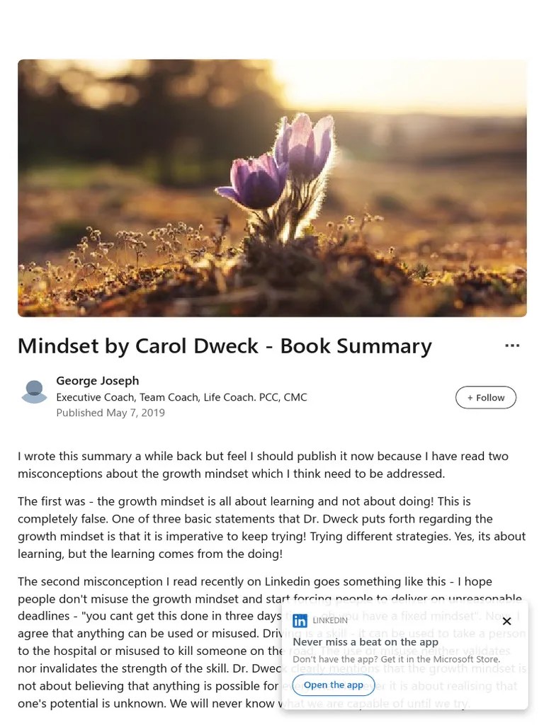 Mindset By Carol Dweck - Book Summary | PDF | Mindset | Behavioural ...