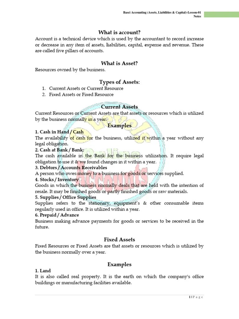 1a Basic Accounting-Assets-Lesson Material | PDF | Capital (Economics ...