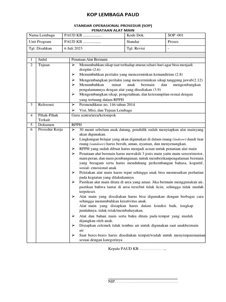 CONTOH STANDAR OPERASIONAL PROSEDUR (SOP) PENATAAN ALAT MAIN PAUD KOBER ...