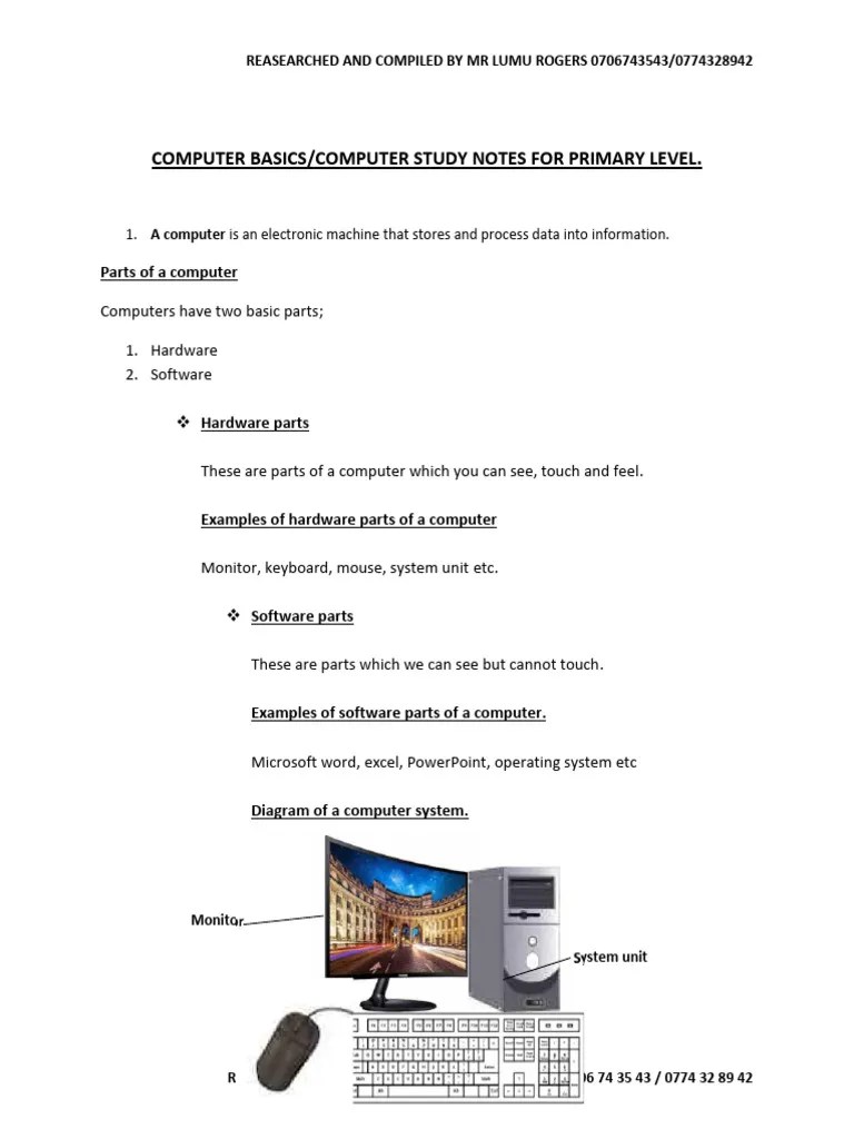 Primary Computer Basicscomputer Study Notes | PDF | Computer Hardware ...