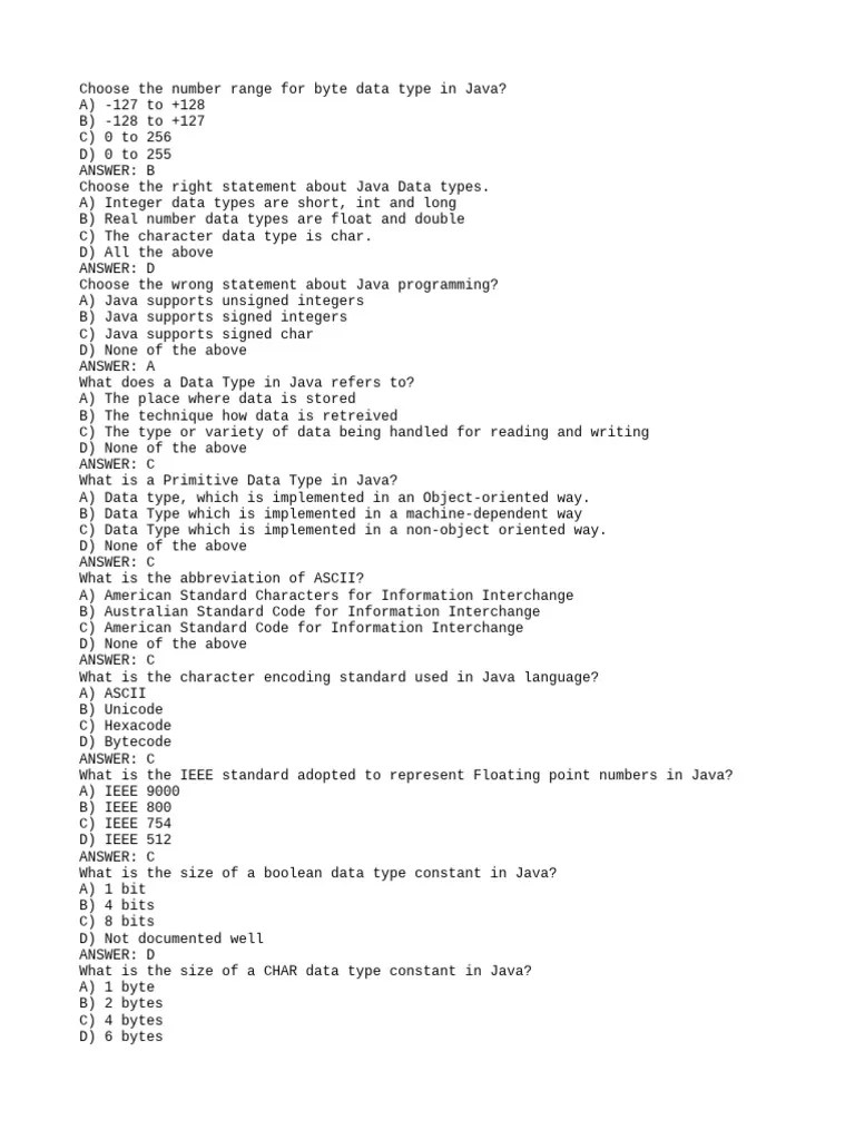 Questions-Fundamentals Of Core Java-Module - 1 - Datatypes MCQ - Set 1 ...