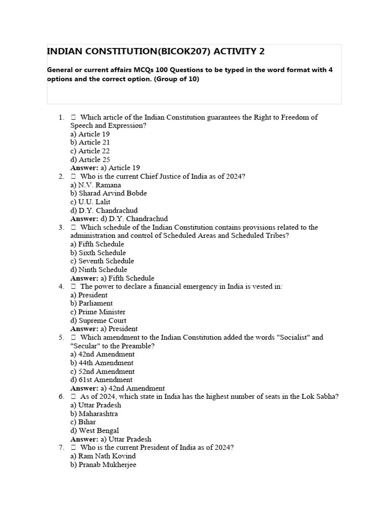 Indian Constitution (Bicok207) - Activity 2 | PDF | Government Of India | Political Charters