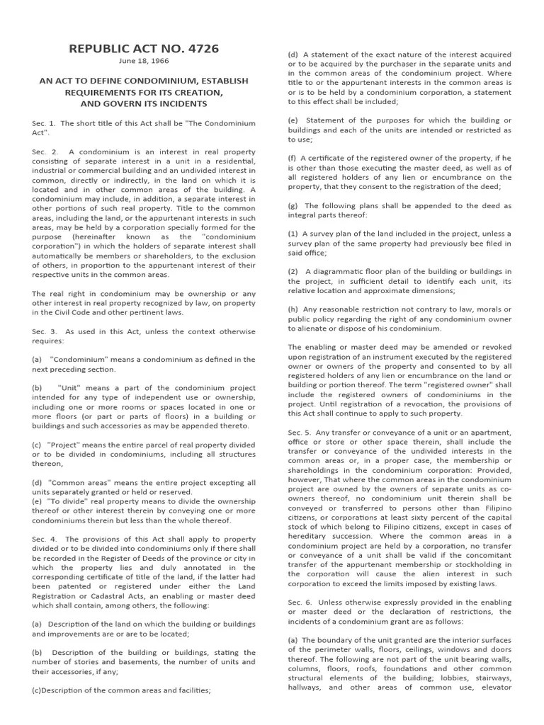 R.A. 4726 | PDF | Condominium | Mortgage Law