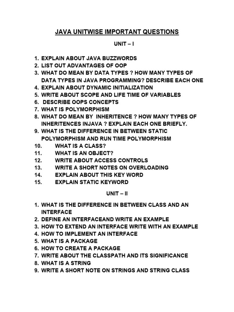 Java Unitwise Important Questions | PDF | Class (Computer Programming ...