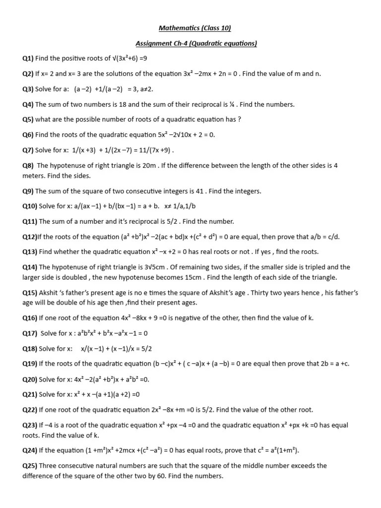 Ch4 Quadratic Equations, Class 10 (Holidays Homework) | PDF | Numbers ...