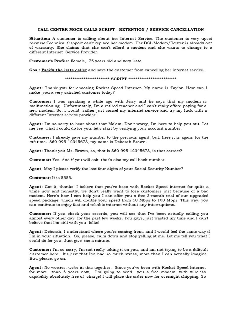 Uc2 Call Center Mock Calls Script Retention And Service Cancellation 1 ...