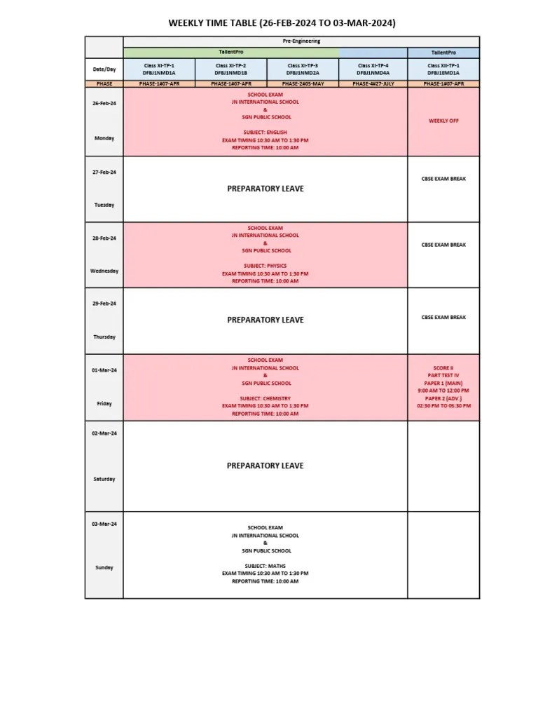 IIT-JEE TIME TABLE 26 FEB - 03 MAR 2024 (2) | PDF | Workweek And Weekend | Educational ...
