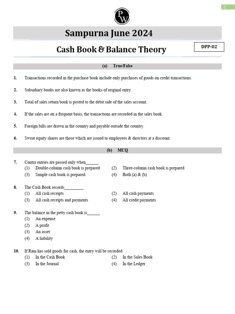 Cash Book & Balance Theory _ DPP 02 | PDF | Debits And Credits | Business