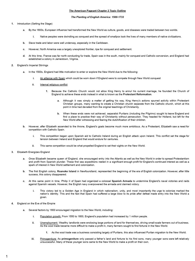 Apush chapter 2 topic outline