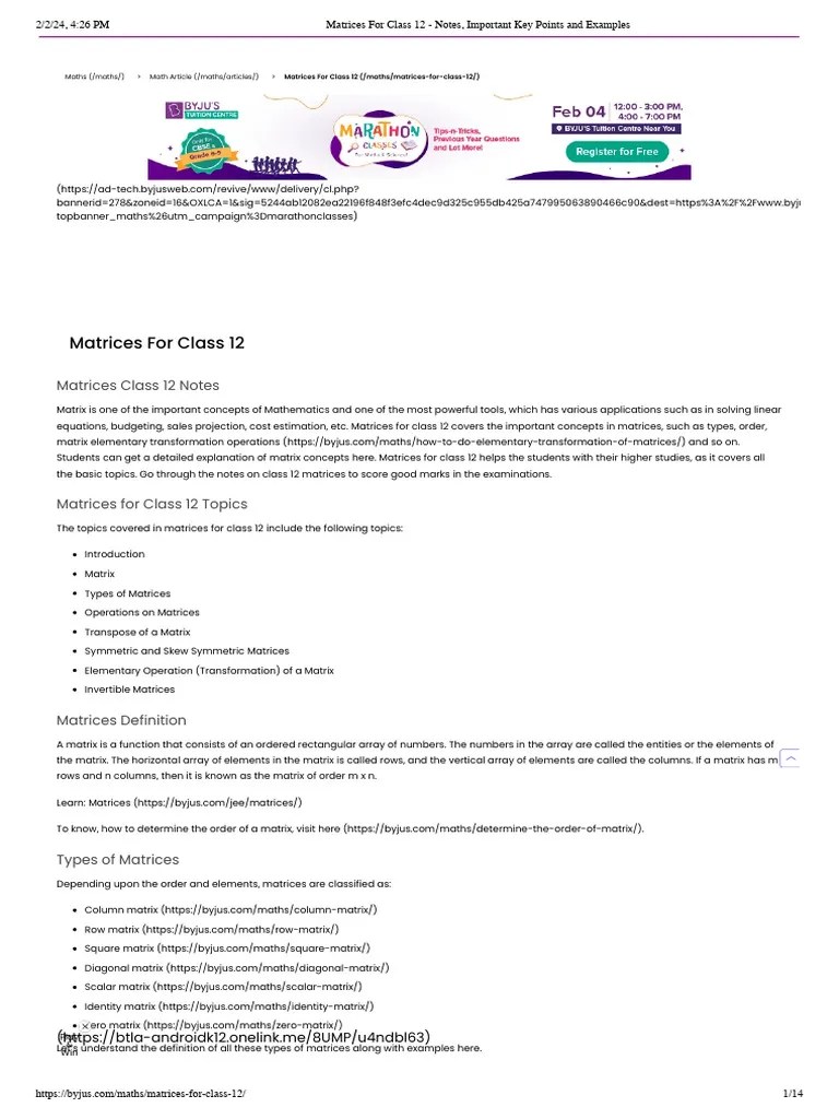 Matrices For Class 12 - Notes, Important Key Points And Examples | Download Free PDF | Matrix ...