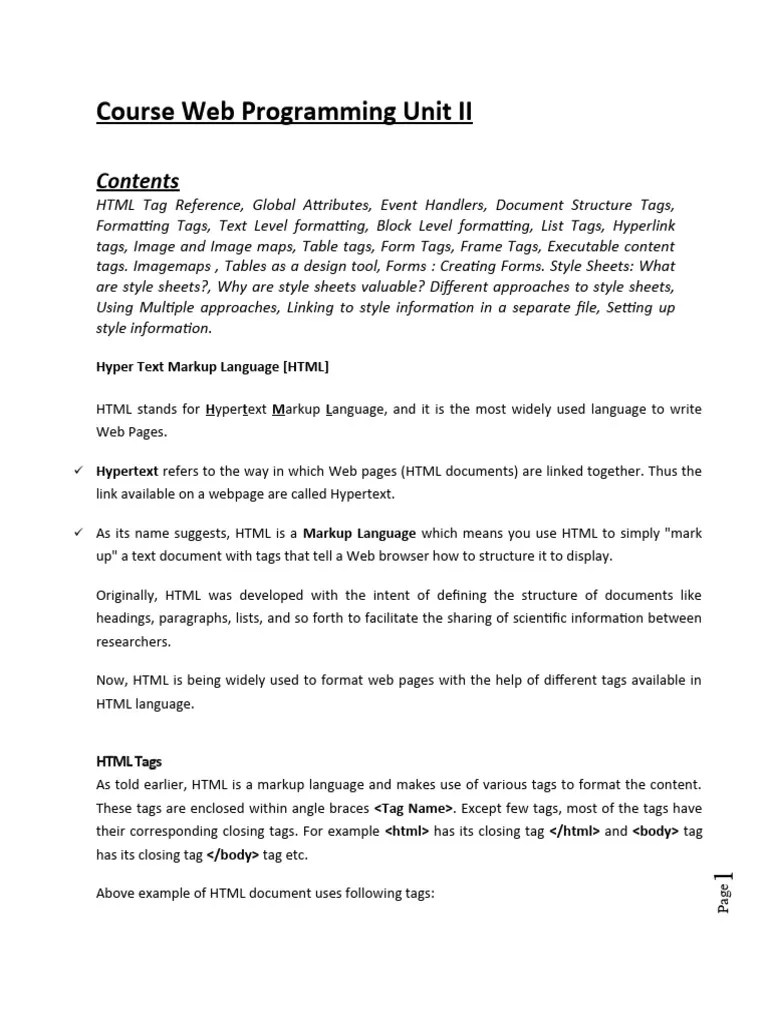 Unit II - Web Programming | PDF | Html Element | Html