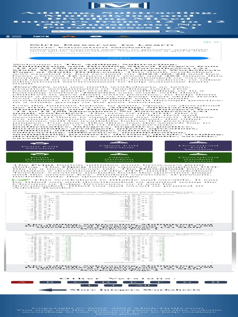Adding, Subtracting, Multiplying And Dividing Mixed Integers From - 12 To 12 (50 Questions No ...