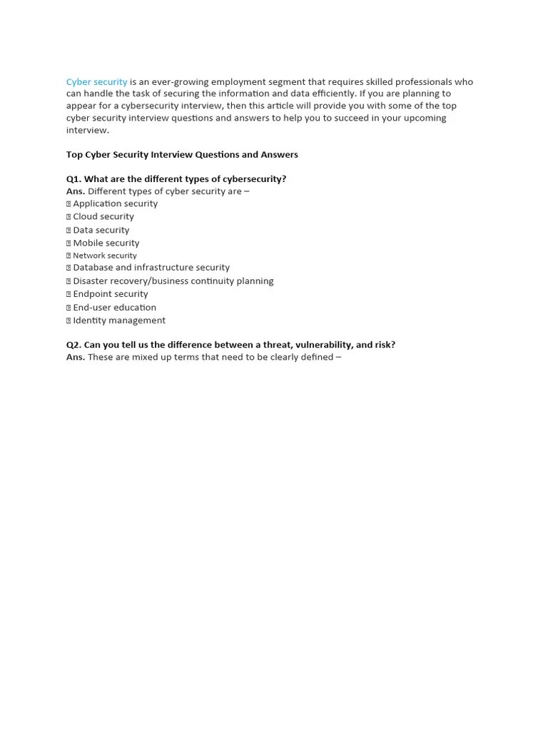 Cyber Security Questions And Answers | PDF | Security | Computer Security