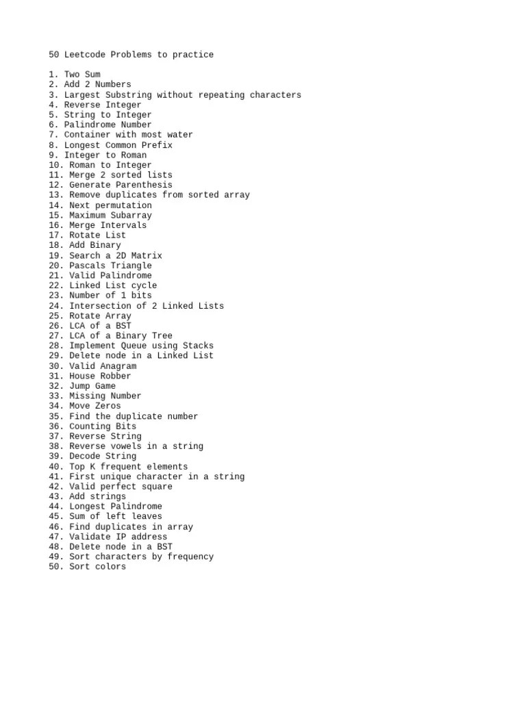 50 Leetcode Problems To Practice | PDF