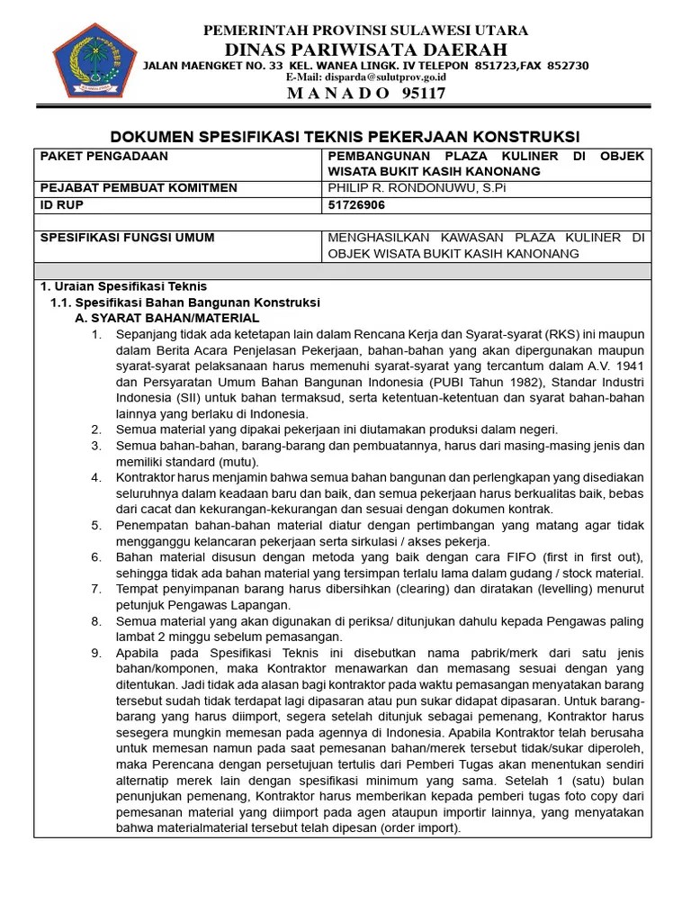 Dokumen Spesifikasi Teknis Pekerjaan Konstruksi Plaza Kuliner 2 | PDF