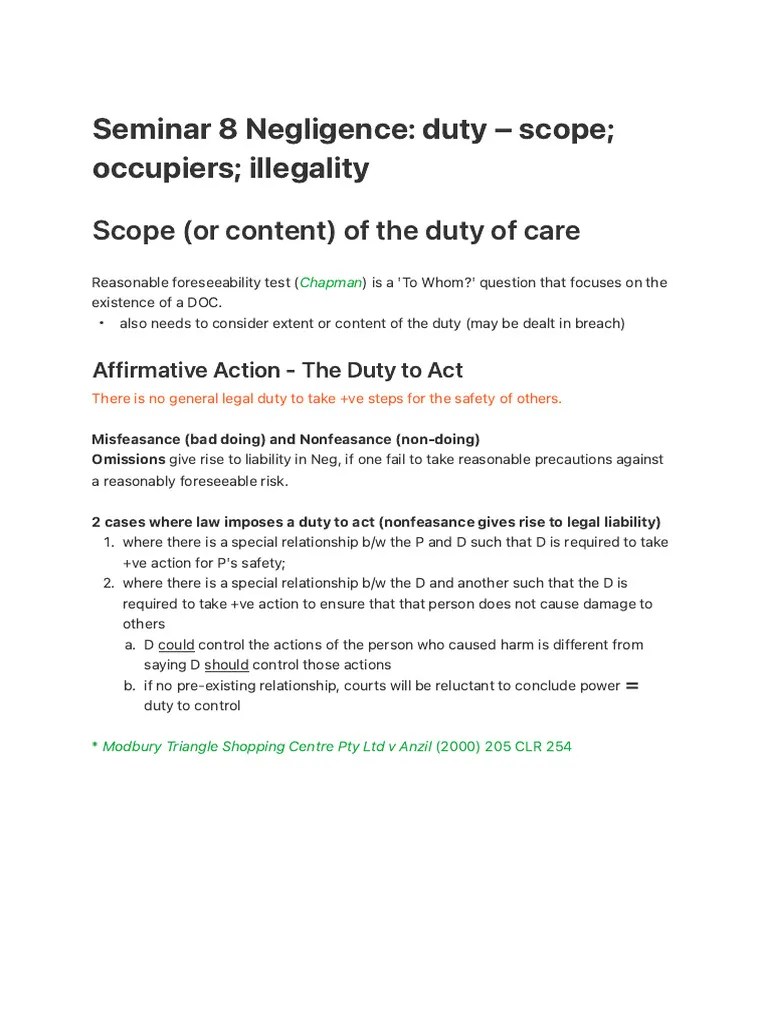 Seminar 8 Negligence Duty – Scope; Occupiers; Illegality | Download ...