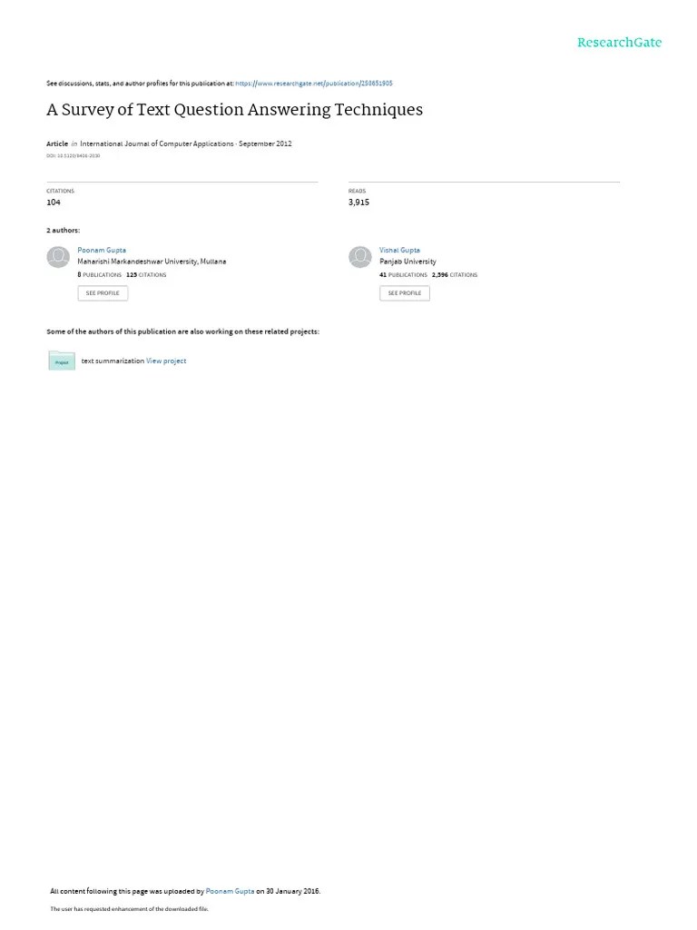 A Survey Of Text Question Answering Techniques | PDF | Information ...
