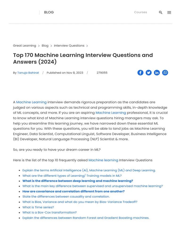 Top 170 Machine Learning Interview Questions 2024 - Great Learning ...