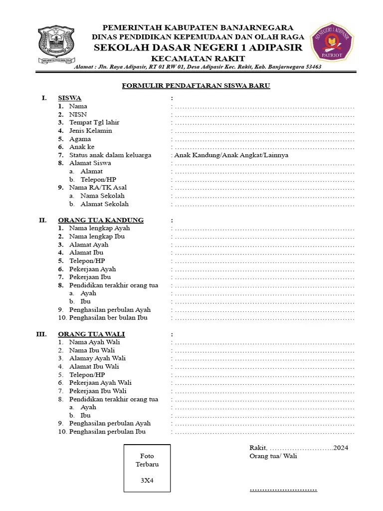 Formulir Pendaftaran Siswa Baru | PDF