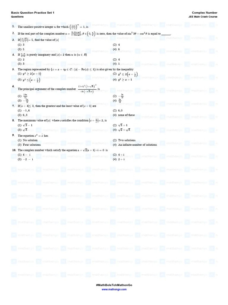 Question Basic Question Practice Set 1 Complex Number JEE Main Crash ...