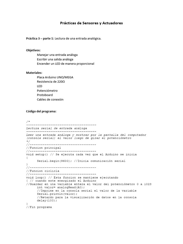 Sensores Y Actuadores - Practica 3 (Entrada Y Salida Analogica) | PDF | Arduino | Ciencias De La ...