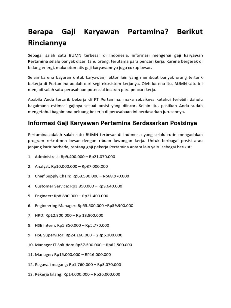 Berapa Gaji Karyawan Pertamina, Berikut Rinciannya | PDF