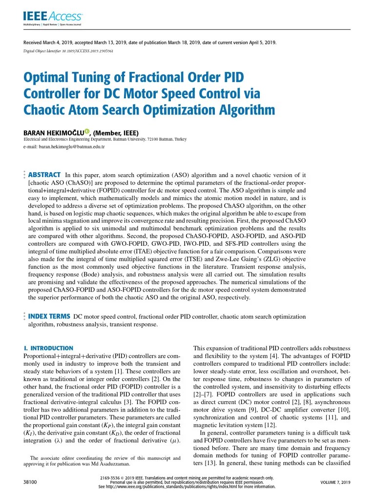 Optimal Tuning Of Fractional Order PID Controller For DC Motor Speed Control Via Chaotic Atom ...