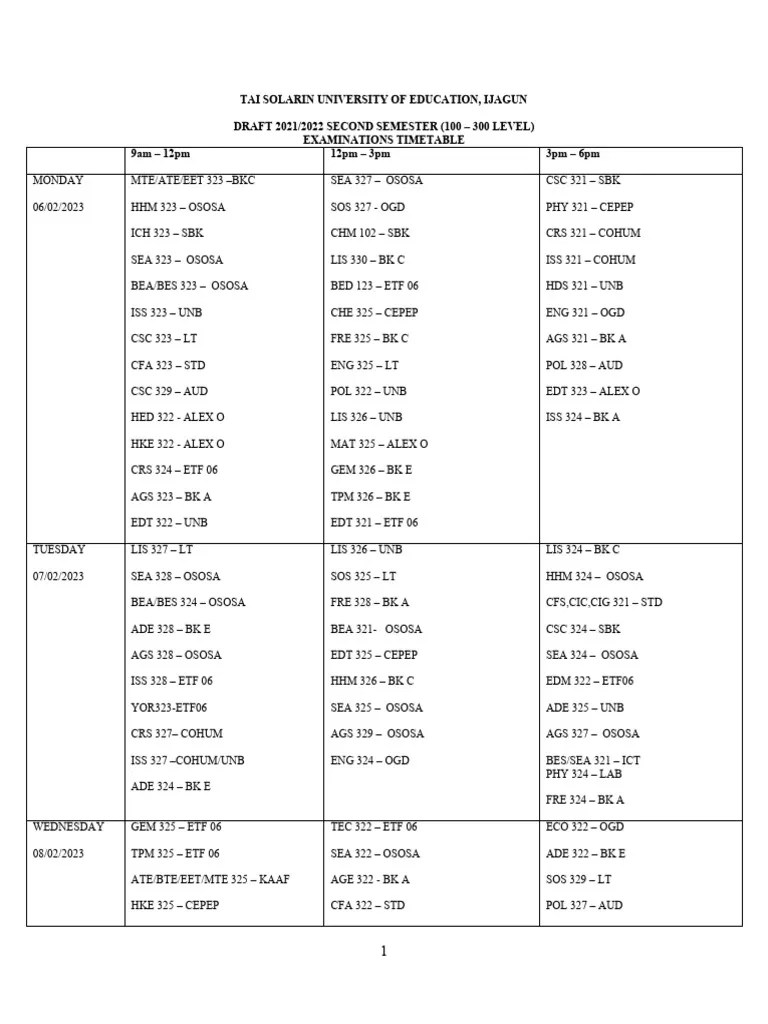 2021 2022 Second Semester Exam Timetable 100 300 Pdf