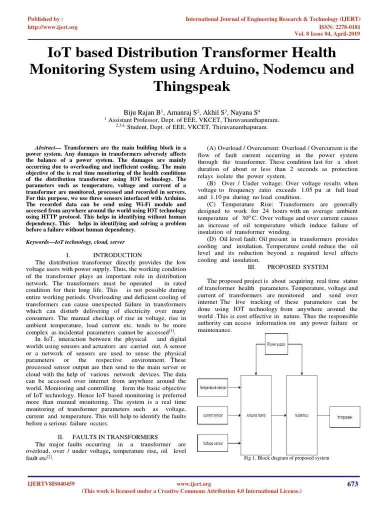 Iot Based Distribution Transformer Health Monitoring System Using Arduino Nodemcu And Thingspeak ...
