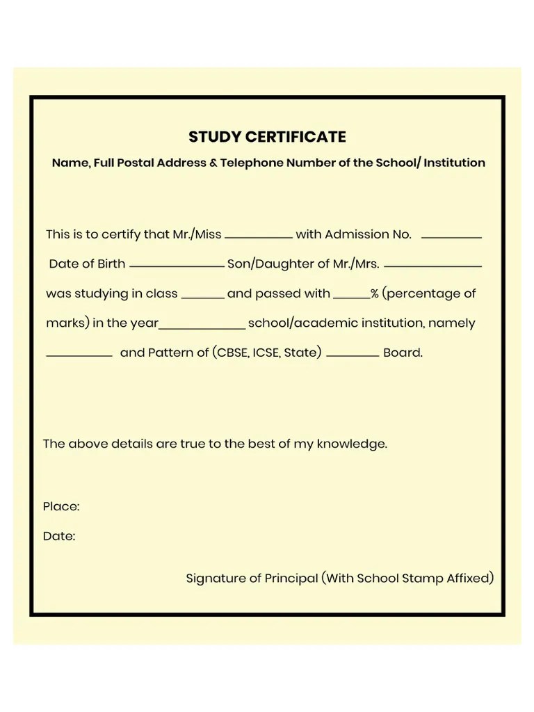 Study Certificate Format For School Students | PDF
