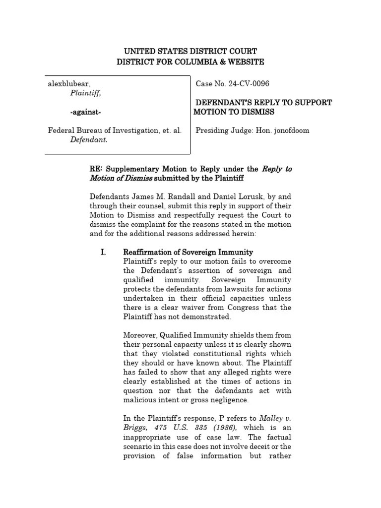 Supplementary Motion Reply To Mtd Rebuttal Alexblubear V Federal