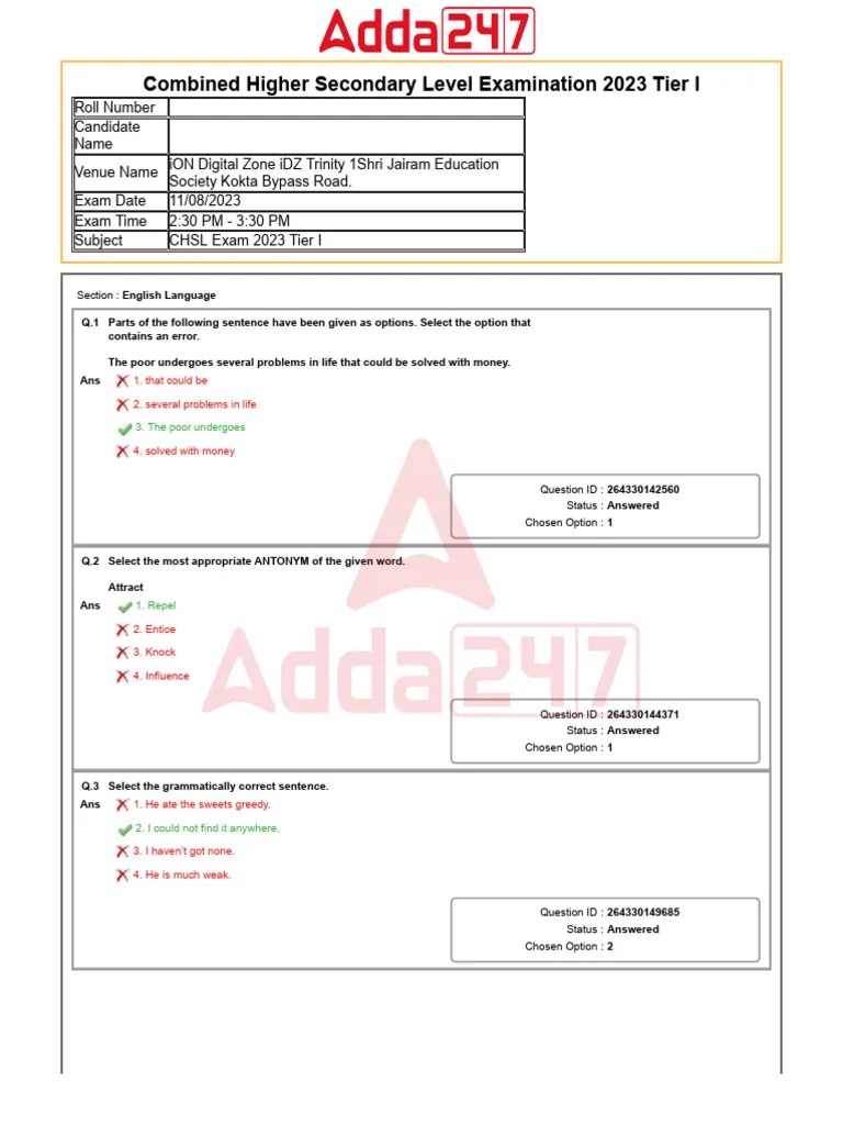 SSC CHSL 11 August 2023 Shift 3 Question Paper | PDF | Question ...