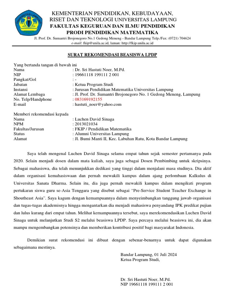 Contoh Surat Rekomendasi Beasiswa LPDP | PDF