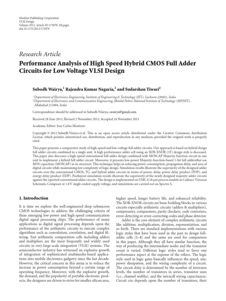 Performance Analysis Of High Speed Hybrid CMOS Full Adder Circuits For Low Voltage VLSI Design ...