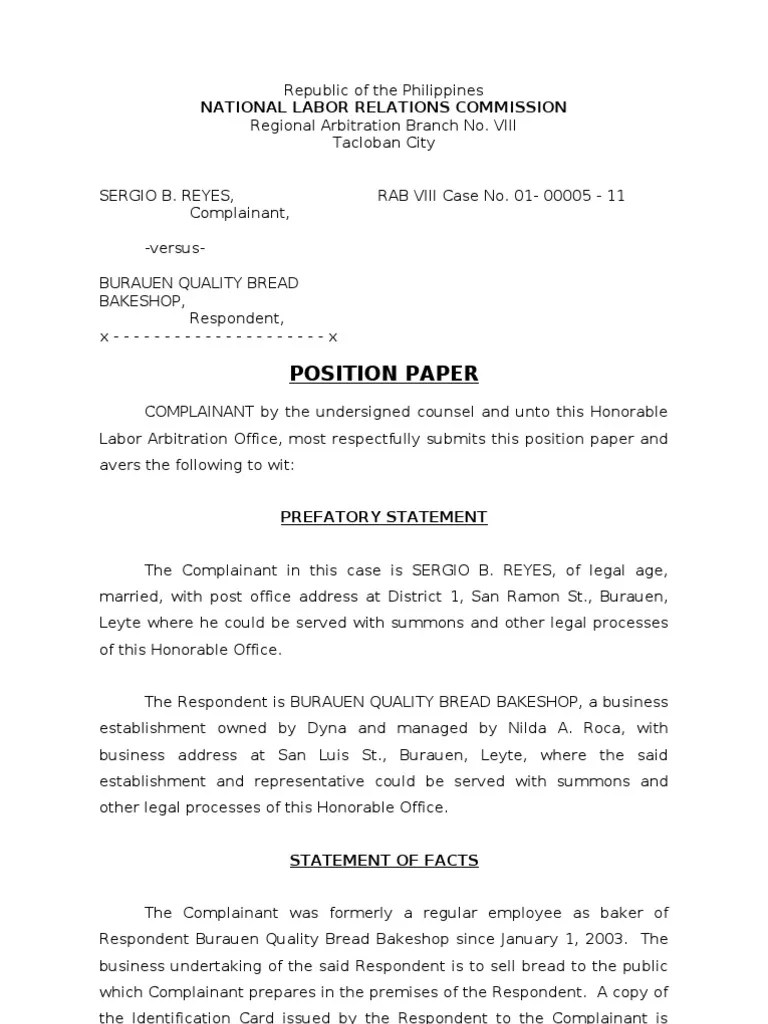 Example Of Position Paper - NLRC Position Paper Reyes | Overtime | Labour Law