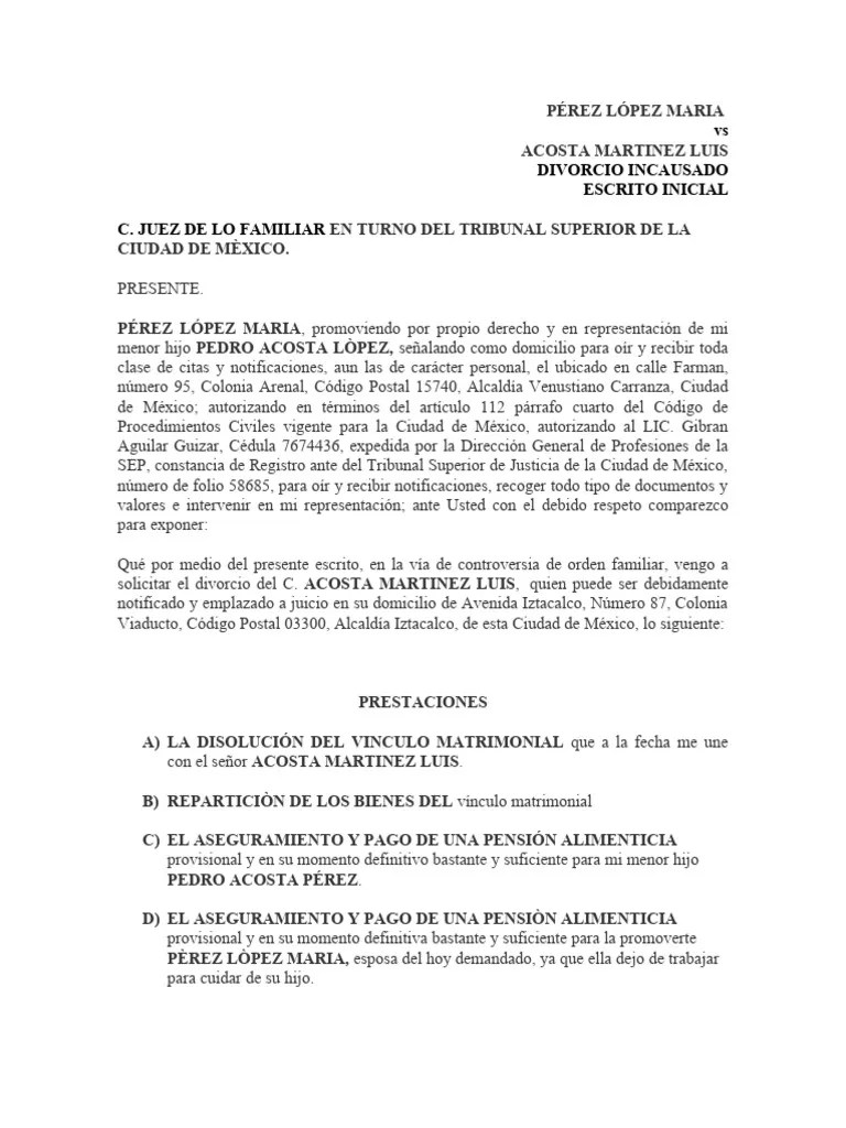Demanda Divorcio Incausado | PDF | Divorcio | Pensión Alimenticia
