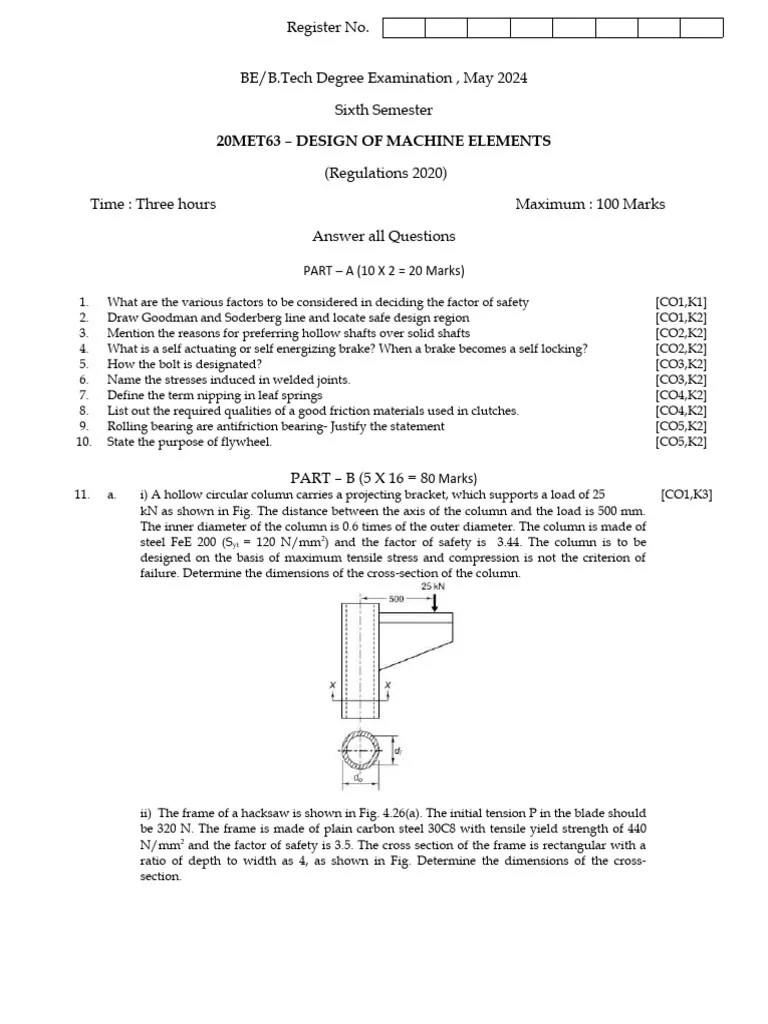 Design Of Machine Elements Question Paper Sample | PDF | Strength Of ...