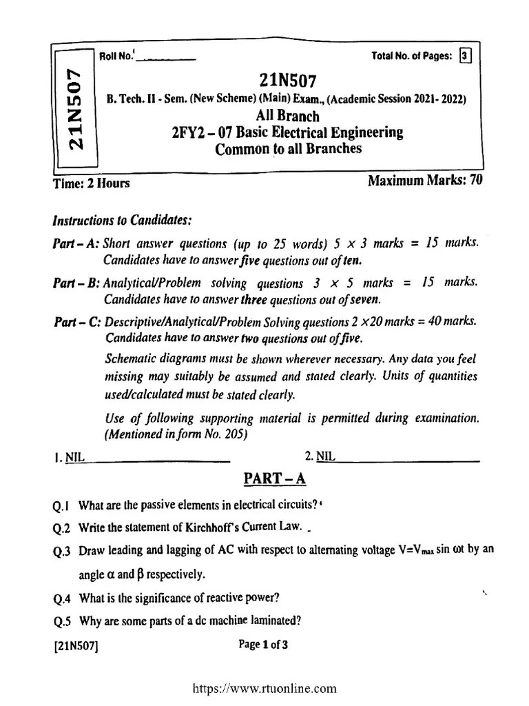 Btech 2 Sem Basic Electrical Engineering 21n507 2022 | PDF